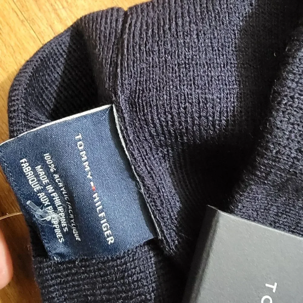 Tommy Hilfiger Navy Flag Beanie Hat Unisex Red White New Knit One Size Fleece